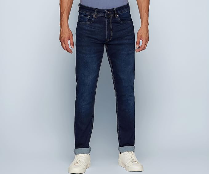 Peter England Men's Tapered Fit Mid Rise Classic Tape Stretchable Twill Jeans