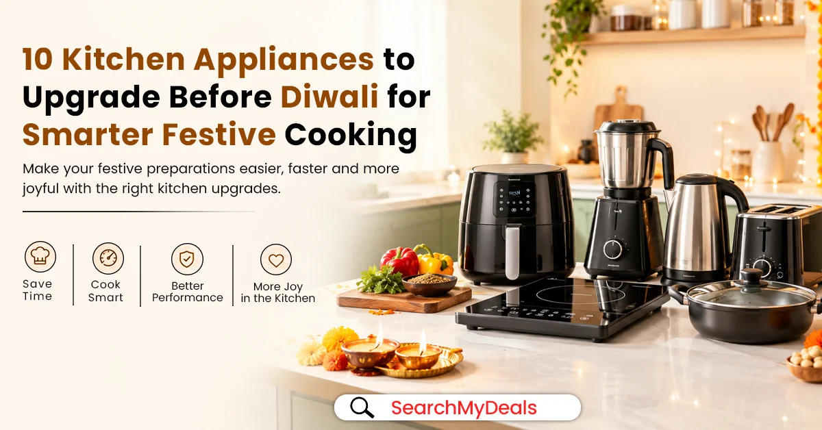 Kitchen appliances arranged on a countertop for festive cooking before Diwali