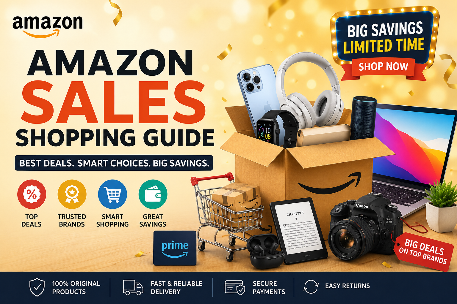 Amazon sales banner featuring trending gadgets, smart devices, and big shopping deals with festive sale graphics.