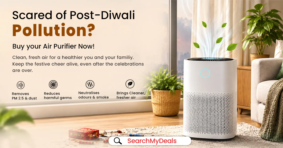 Modern room air purifier displayed in a clean living room setting for festive pollution control