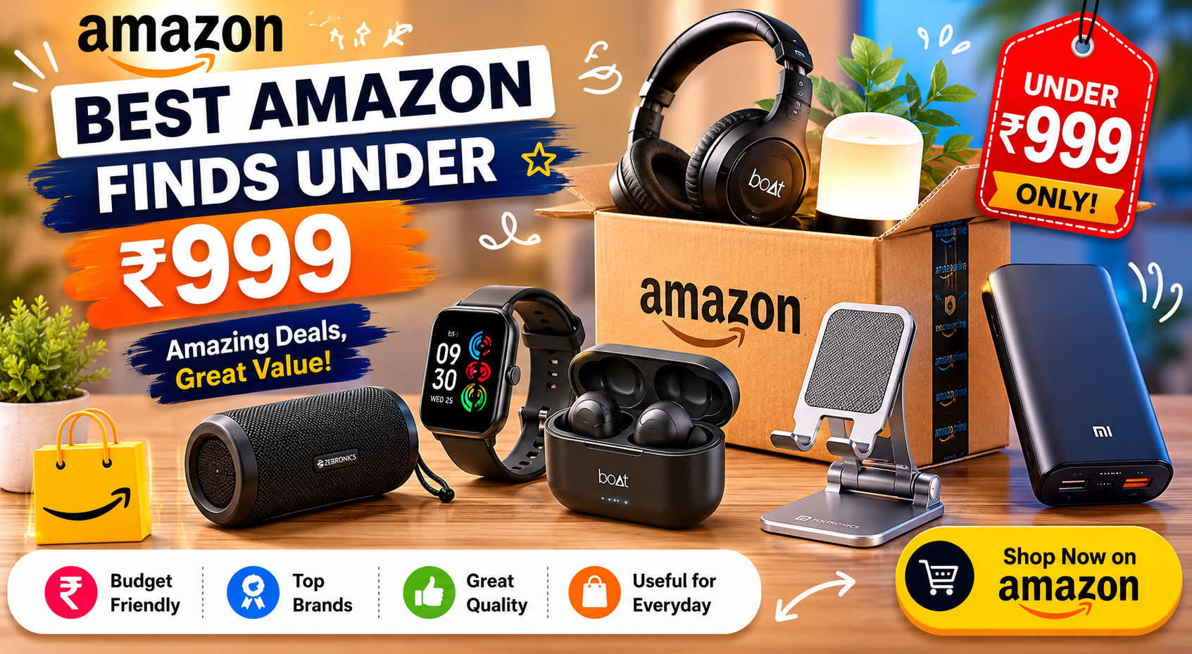 Amazon shopping banner featuring budget gadgets, smart accessories, desk setup products, and affordable tech finds under Rs 999.