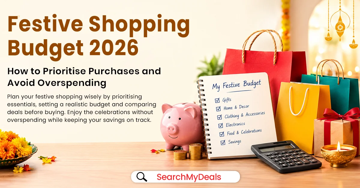 Festive shopping budget planner with a calculator, shopping checklist and phone for comparing online sale prices.