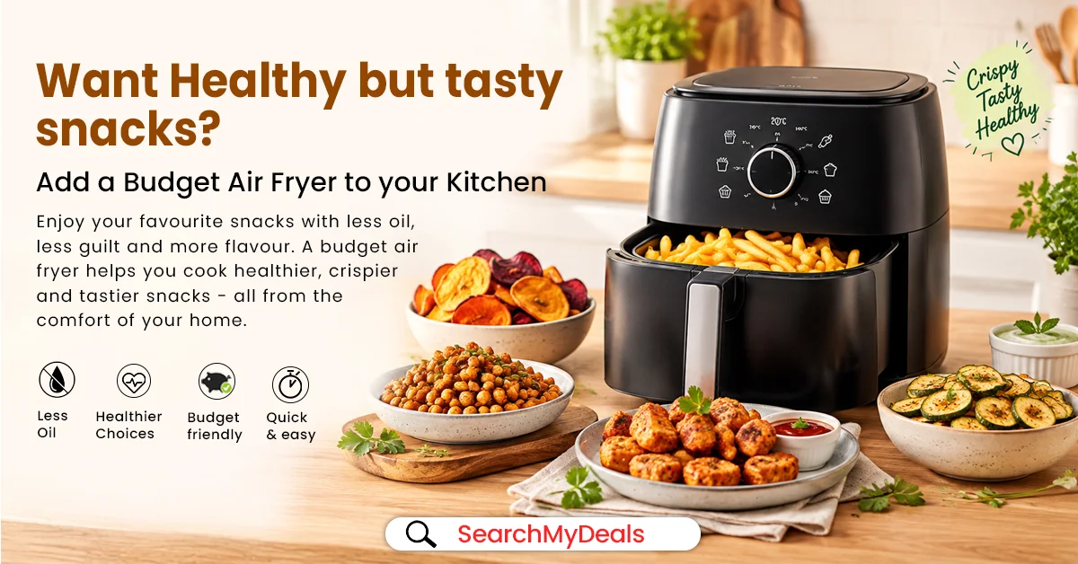 Modern budget air fryer on a kitchen counter preparing crispy oil-free snacks
