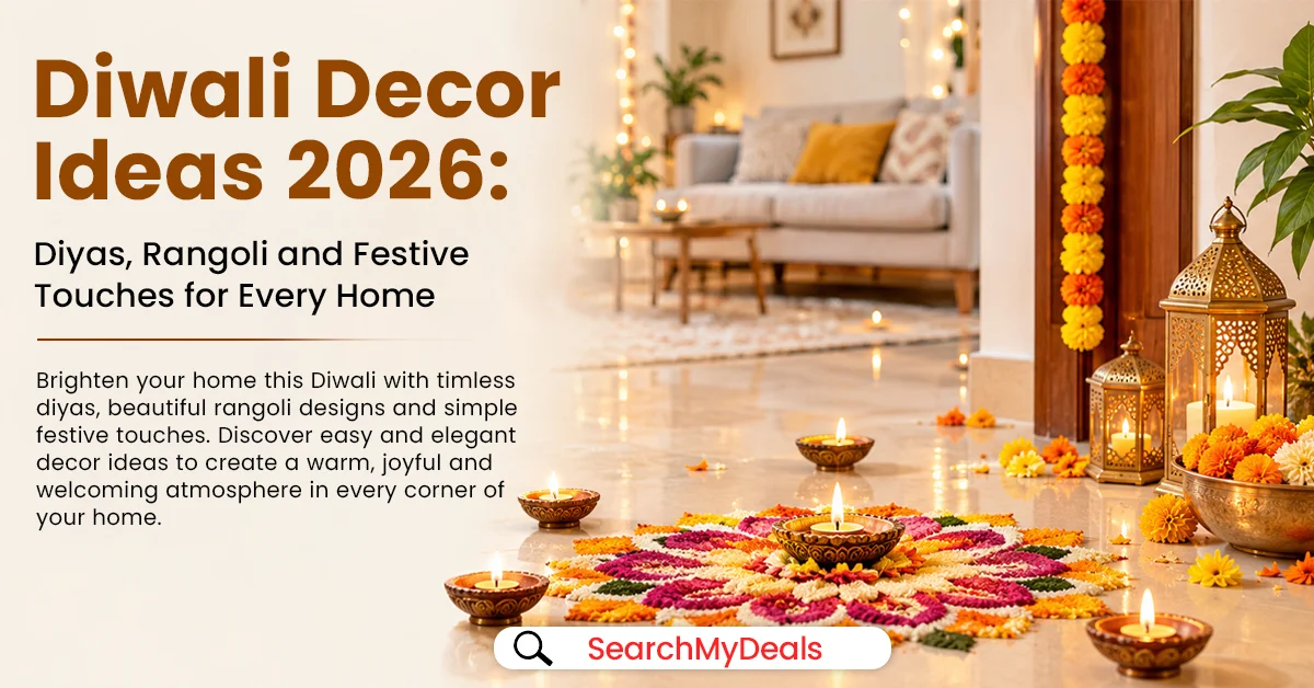 Diwali home entrance decorated with traditional diyas, floral rangoli and marigold garlands