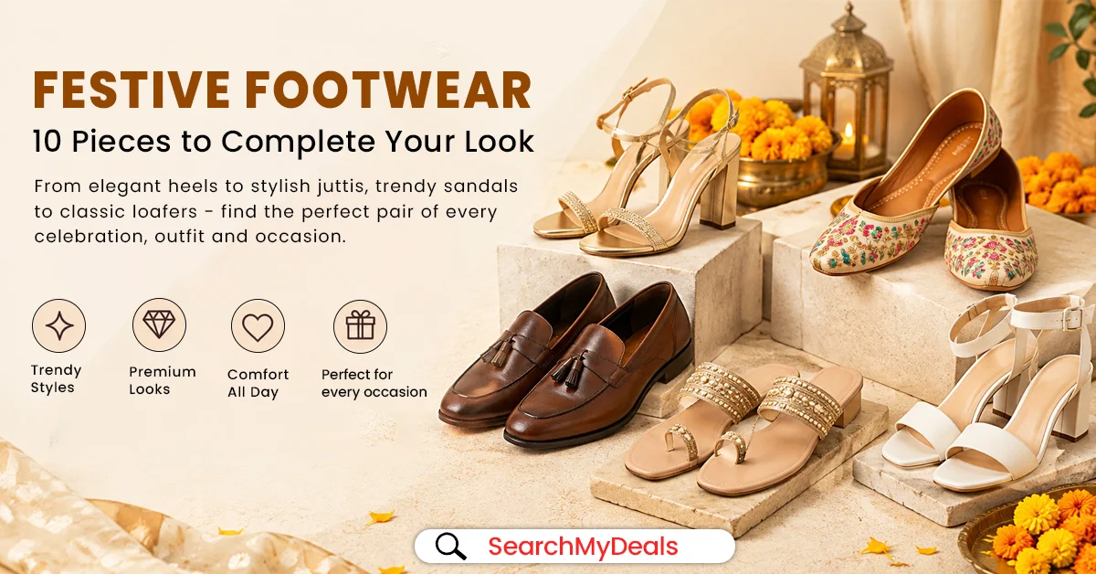 Women wearing festive embellished mojaris and block heels for ethnic outfits