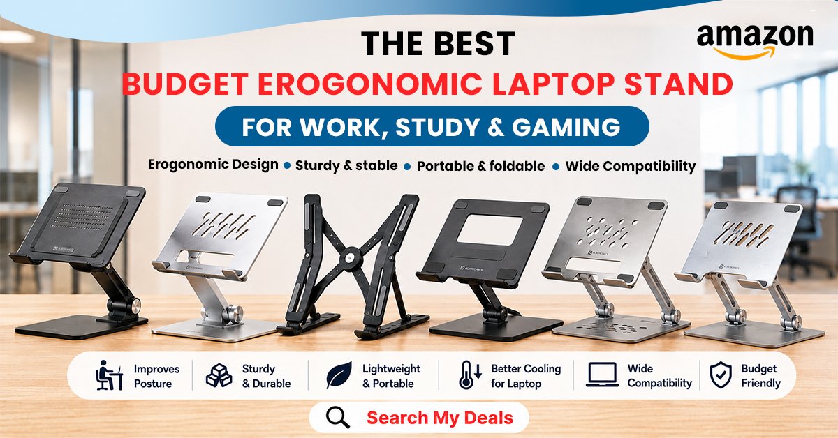Portronics My Buddy K Lite foldable adjustable laptop stand on a work desk