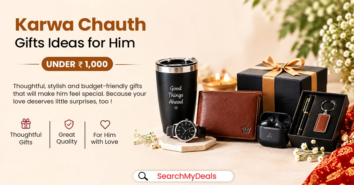 Karwa Chauth gift ideas for him under ₹1000 including watches, wallets, and festive kurtas from Myntra