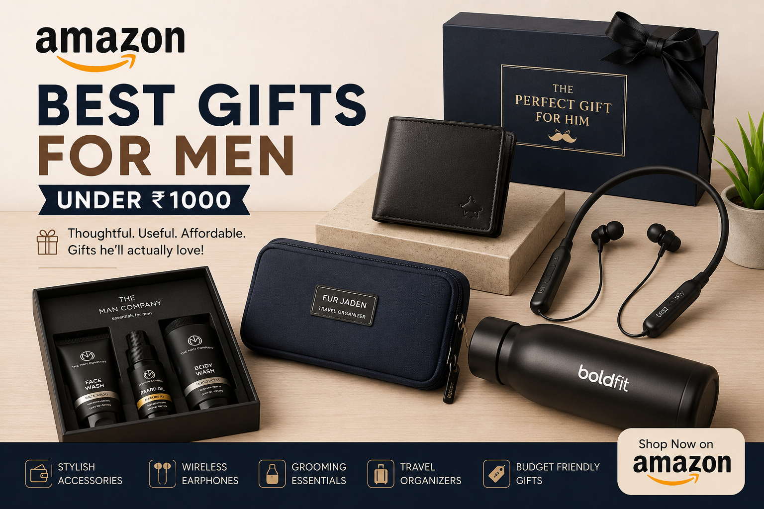 Amazon gift guide featuring men's accessories, wireless earphones, wallet, grooming kit, travel organizer, and budget-friendly gift ideas under â‚¹1000.