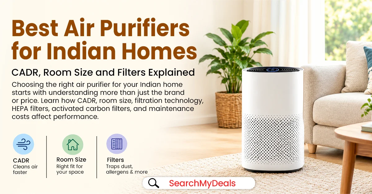 Air purifier in a modern Indian living room, illustrating room coverage and indoor air filtration.
