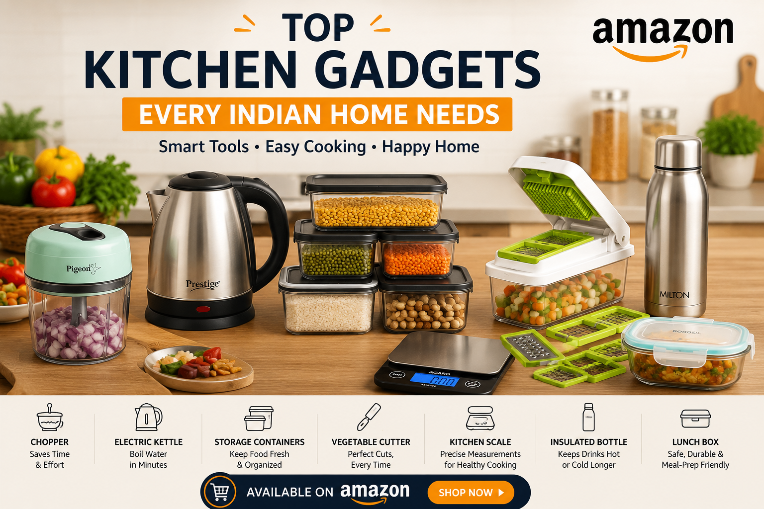 Modern Indian kitchen featuring essential gadgets including a vegetable chopper, electric kettle, storage containers, weighing scale, insulated bottle, and food preparation accessories.