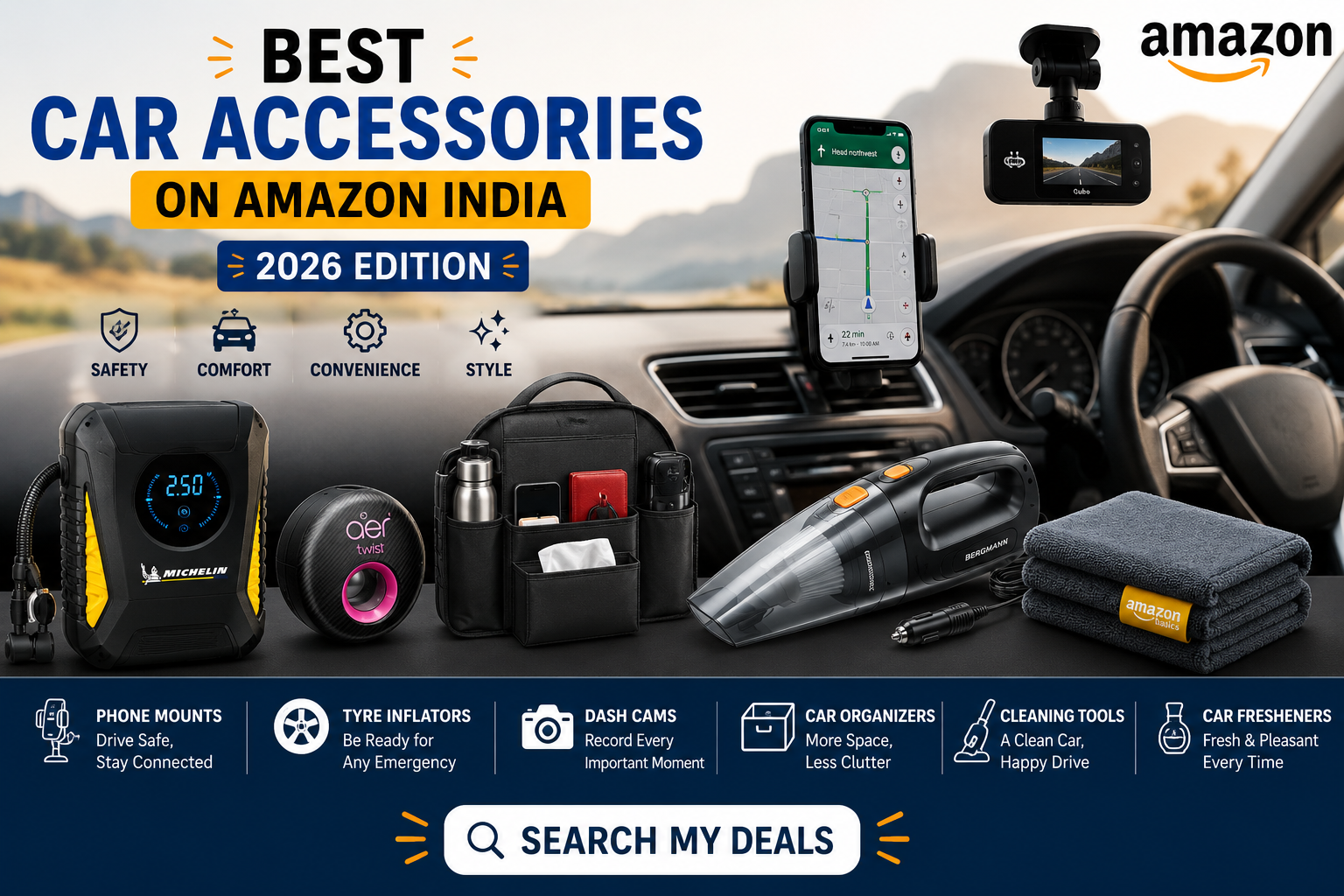 Modern car interior featuring essential Amazon car accessories including a phone mount, tyre inflator, dashboard camera, seat organizer, vacuum cleaner, microfiber cloths, and car freshener.
