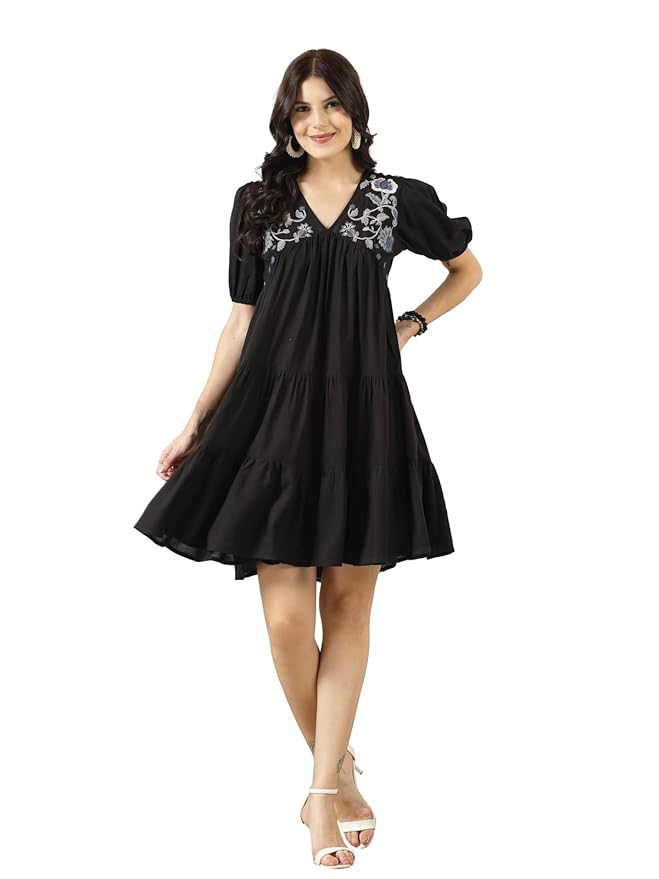 Stylum Women's Solid & Embroidered Rayon Flared Dress
