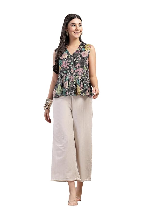 Stylum Women's Black Floral Printed Katha Cotton Short Kurti Palazzo Set