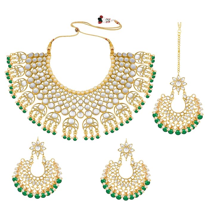 Peora 18K Gold Plated Indian Traditional Kundan Green Necklace Earrings with Maang Tikka